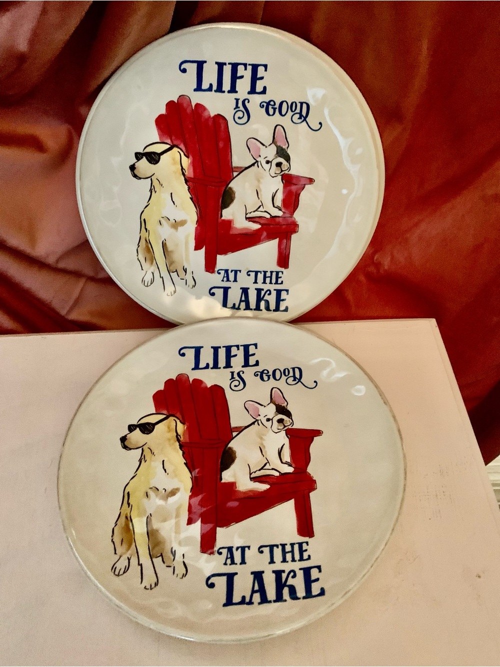 Pier one set of 4 vintage 8” melamine plates Life is Good at the Lake w/ dogs